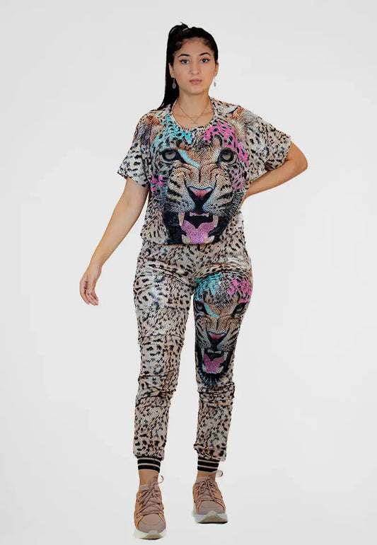 Women's Leopard Print Loose T-Shirt and Pants Pajama Set