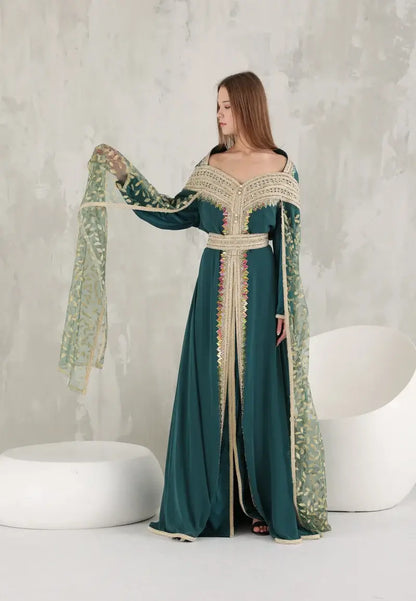 Green Moroccan caftan with patterned scarf