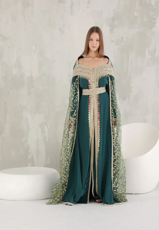 Green Moroccan caftan with patterned scarf