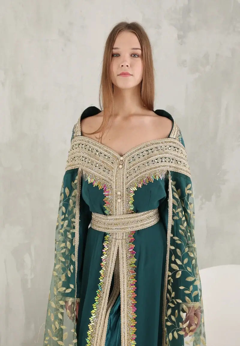 Green Moroccan caftan with patterned scarf