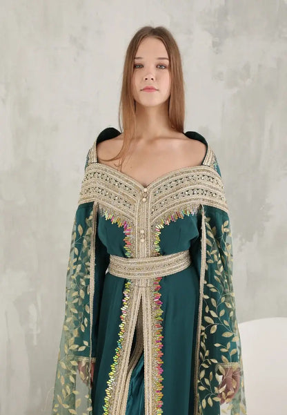 Green Moroccan caftan with patterned scarf