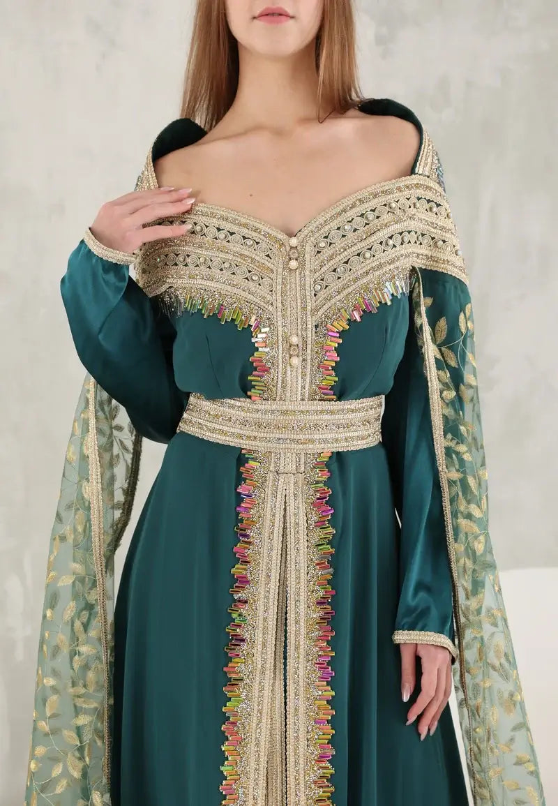 Green Moroccan caftan with patterned scarf