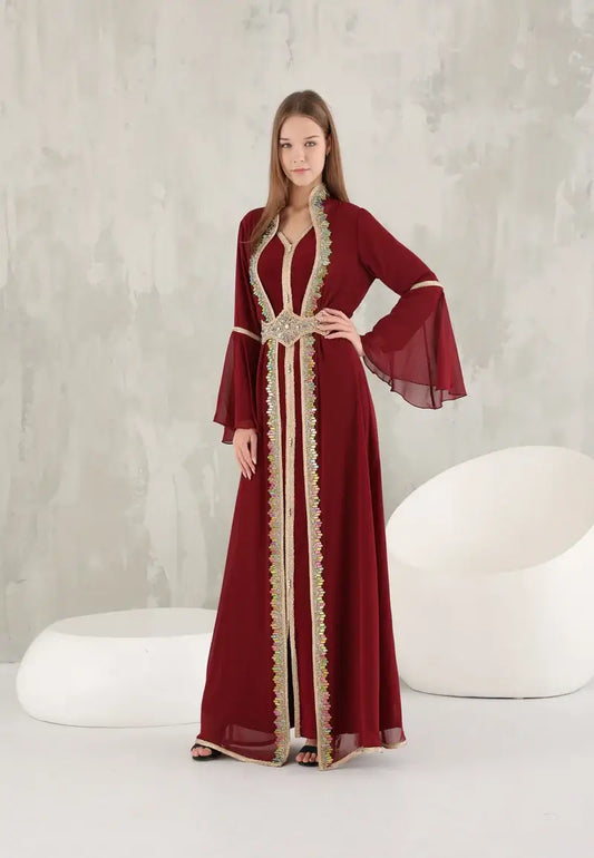 Dark red Moroccan women's caftan decorated with shiny colored crystals