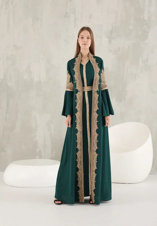 Green Moroccan caftan embroidered on the front and sleeves with golden threads