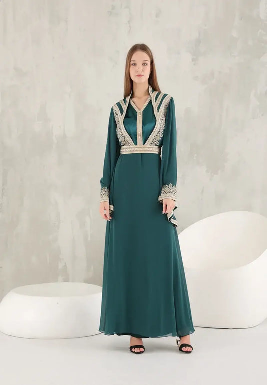 Green Moroccan caftan with gold thread embroidery