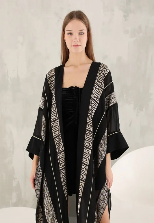 Modern Elegance: Black Abaya with Geometric Gold Accents