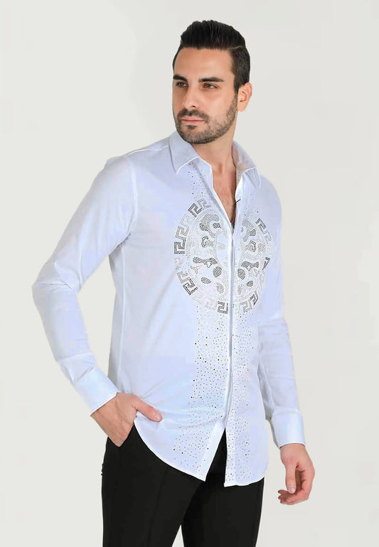 Men's Stylish Black and White Diamond Studded Shirt