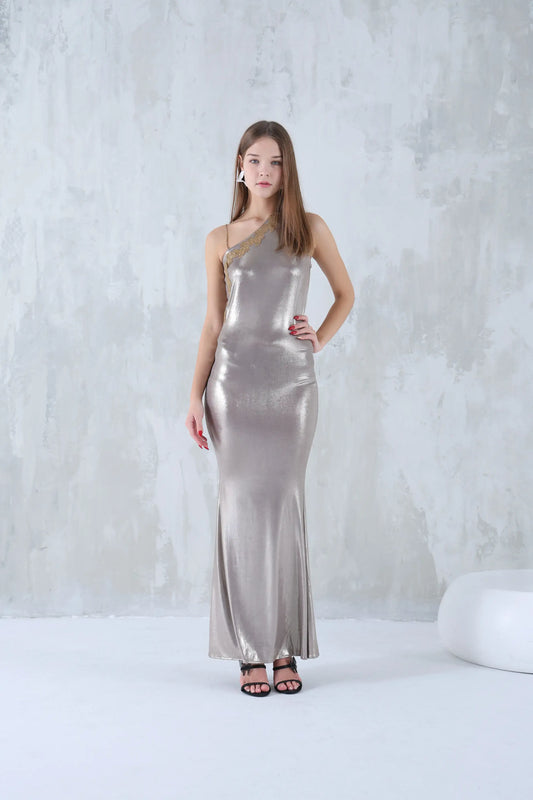 Shiny silver dress with delicate embroidery