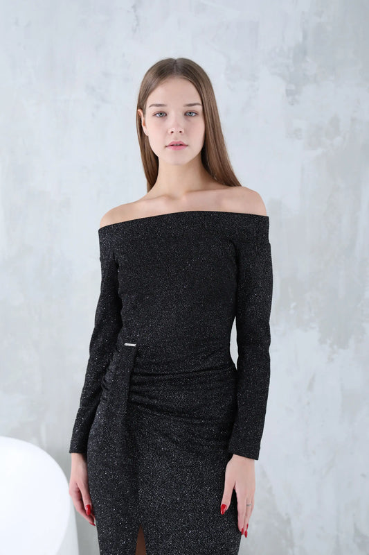 Black shiny long sleeve strapless dress