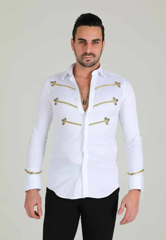 Men's white shirt with gold stripes on the chest