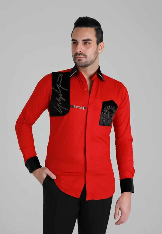 Men's red shirt decorated with gold diamonds