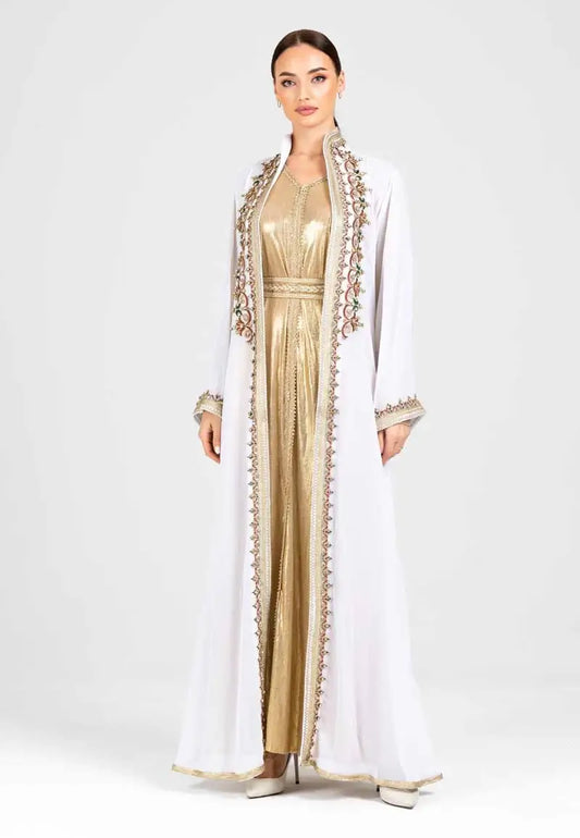 Luxurious Gold Caftan with White Embroidery