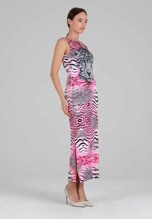 Slim long dress with tiger print