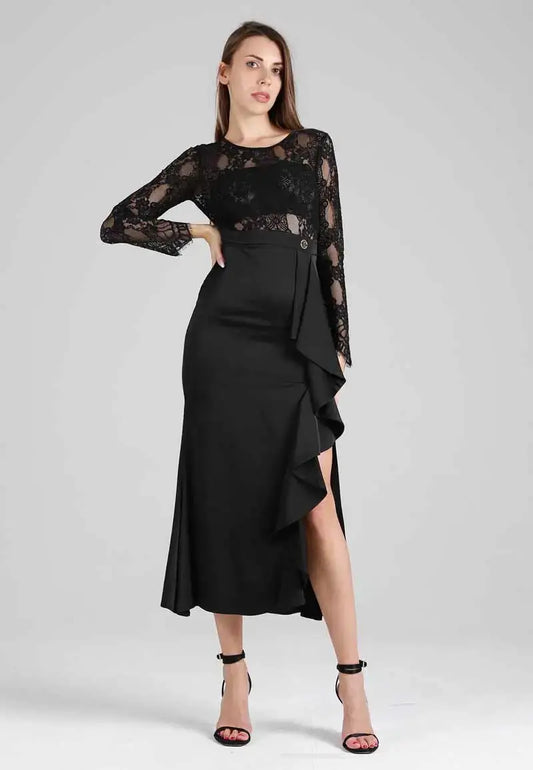 Long black dress with soft and transparent embroidery on the top