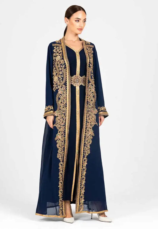 Navy blue Moroccan caftan embroidered with gold threads and patterns