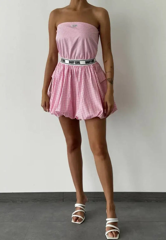 Pink strapless mini dress