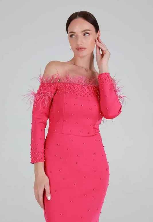 Pink off-the-shoulder dress with pink beading