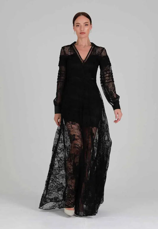 Long black dress embroidered with soft and transparent embroidery