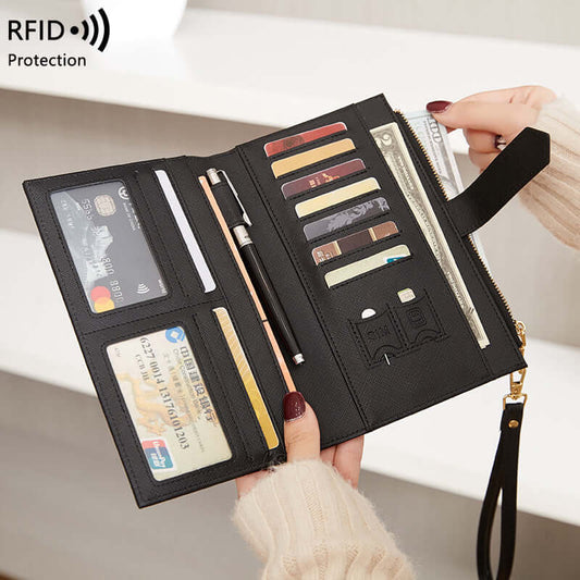 حامل جواز سفر مضاد للمغناطيس بتقنية RFID، محفظة نسائية طويلة متعددة الوظائف