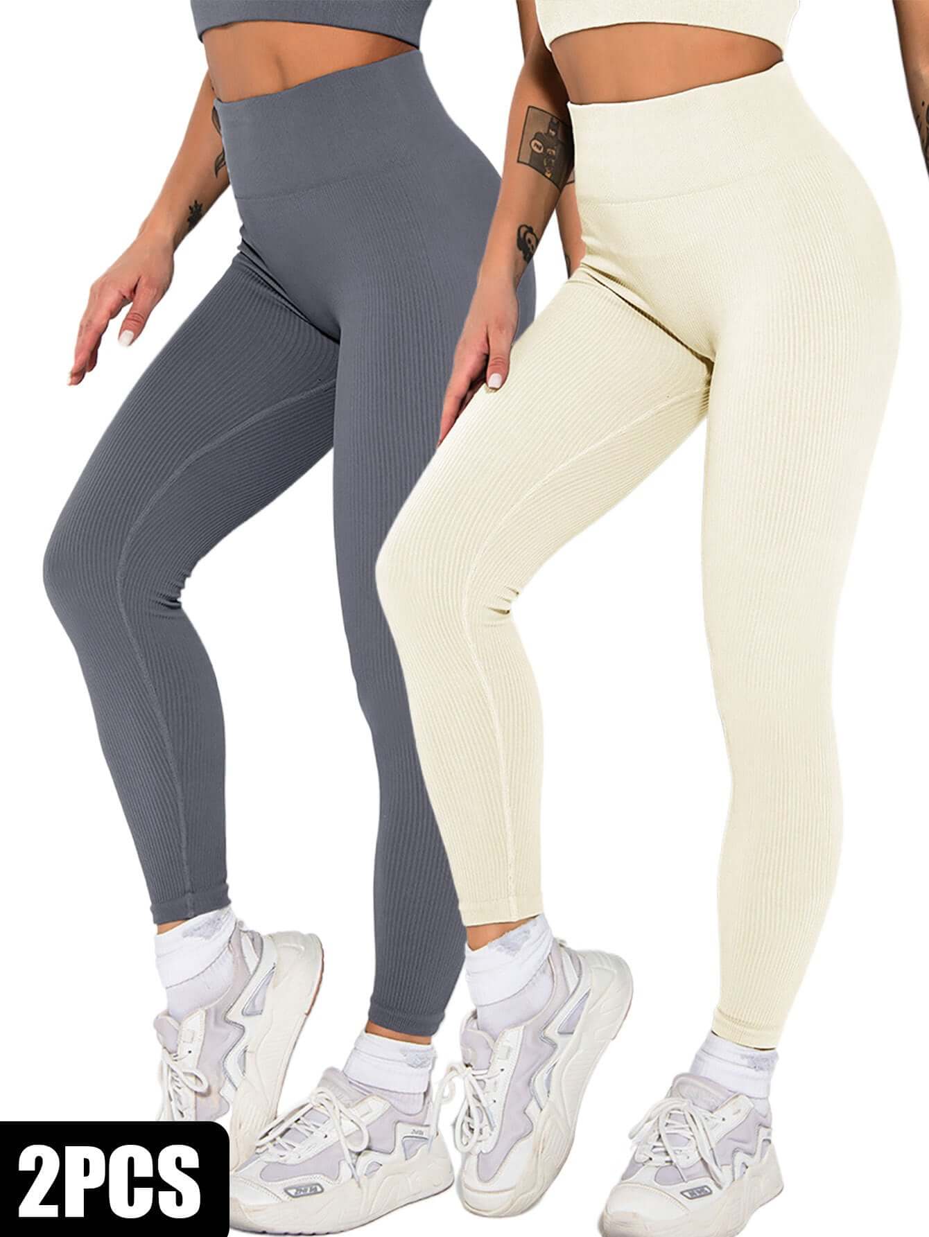 2 Pack Womens Seamless Ribbed Leggings Soft Slimming Yoga Pants, Ribbed Yoga Pants High Waisted Gym Leggings Sport Women Fitness Seamless Female