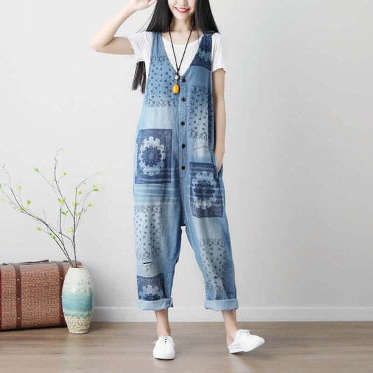 Sleeveless Washed Printed Plus Size Ripped Denim Suspender Pants