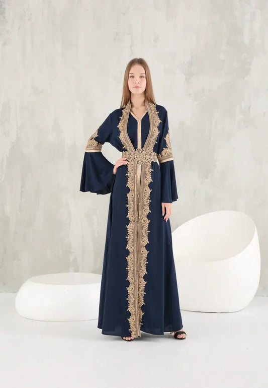 Navy blue Moroccan caftan with elegant gold details