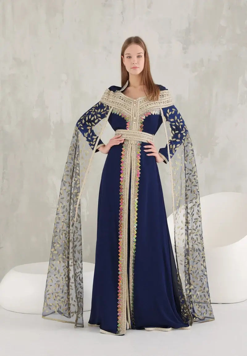 Majestic Navy Blue Kaftan with Golden Embroidery