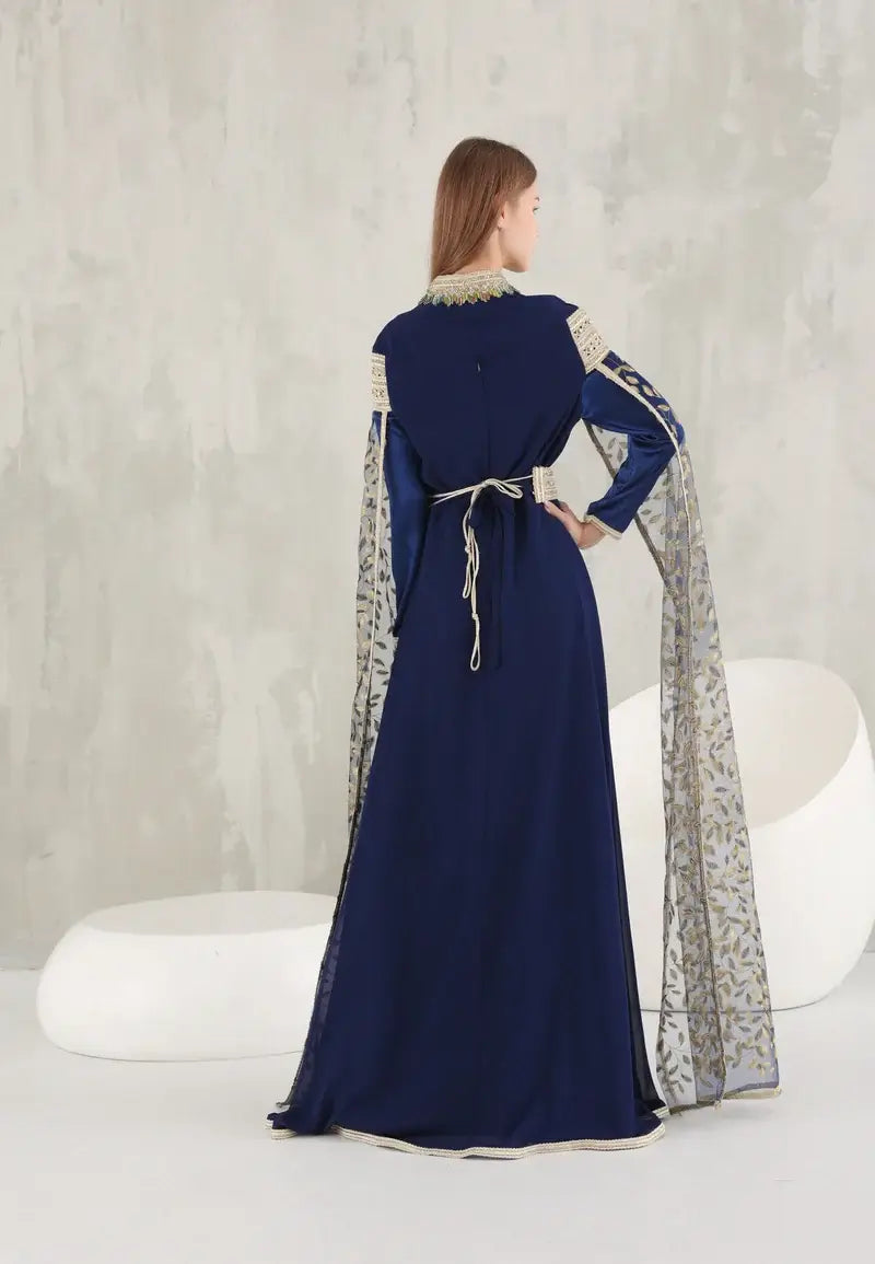 Majestic Navy Blue Kaftan with Golden Embroidery