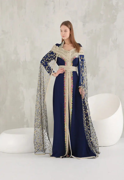 Majestic Navy Blue Kaftan with Golden Embroidery