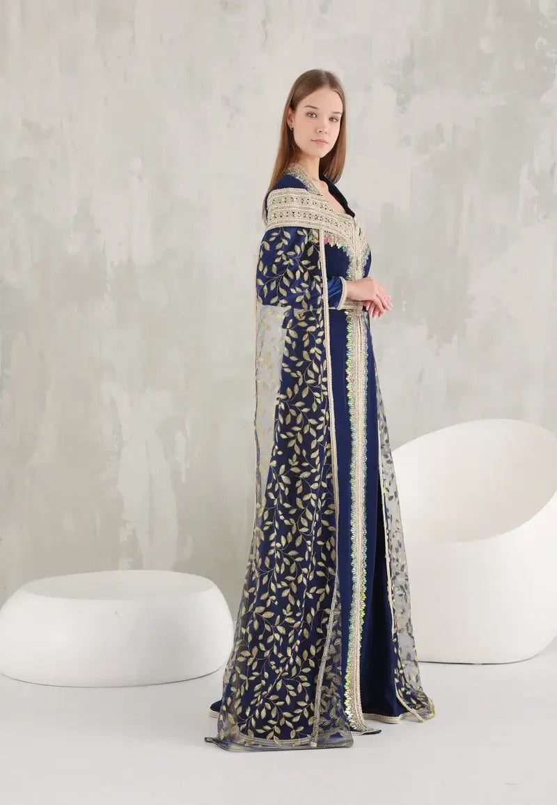 Majestic Navy Blue Kaftan with Golden Embroidery