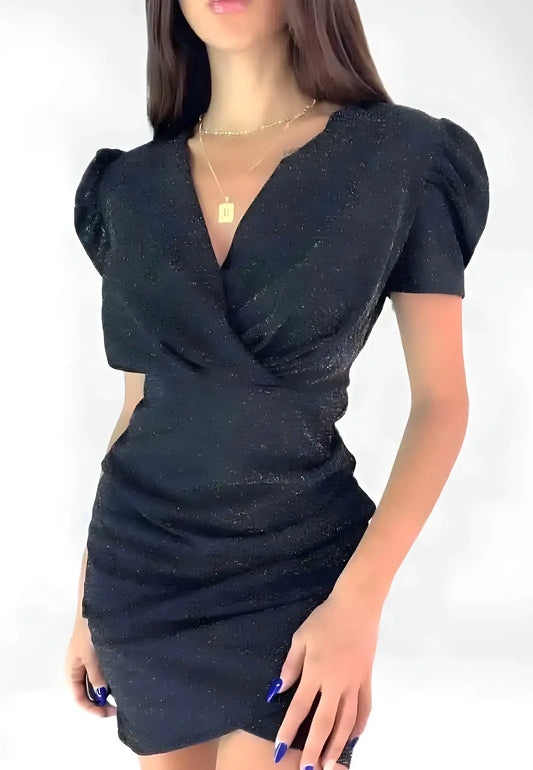 Shiny V-Neck Puff Sleeve Stretch Mini Dress