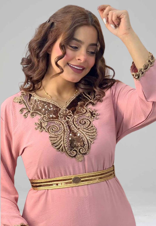 Graceful Pink Turkish Design dress with Golden Embroidery