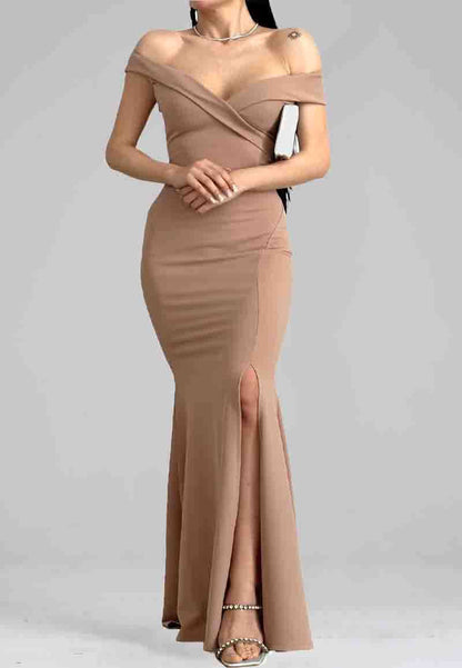 A very elegant and distinctive long dress with a slit from the bottom