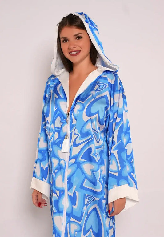 Women's Long Blue Kimono with Zipper and Hood