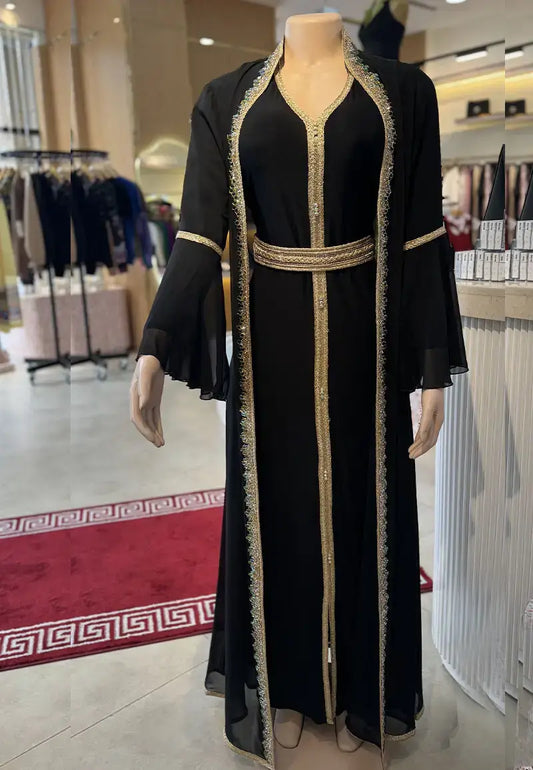 Black caftan with distinctive details and colored crystals