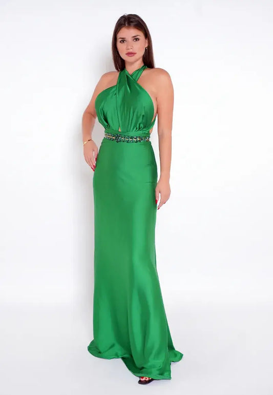 Bright Green Evening Gown with Beaded Belt