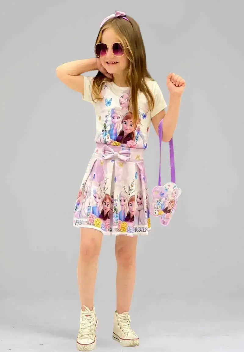 Girls 4 Piece Set T-shirt, Skirt, Bow and Bag