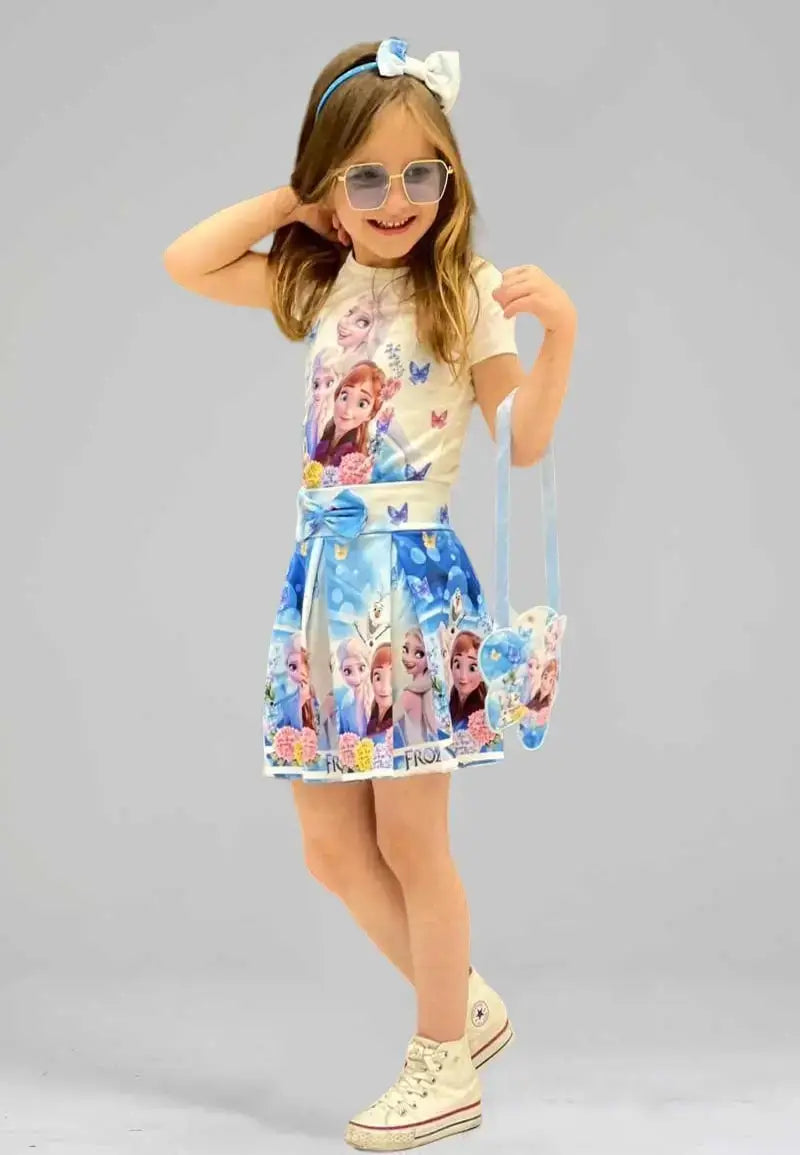 Girls 4 Piece Set T-shirt, Skirt, Bow and Bag