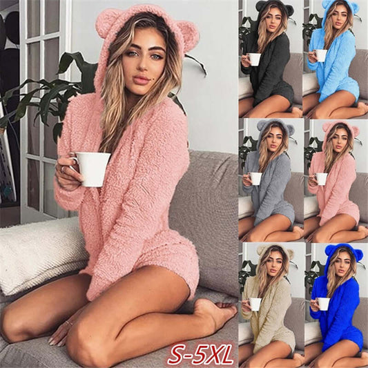 Plush Solid Color Long Sleeve Hooded Cute Women's Clothing Jumpsuit