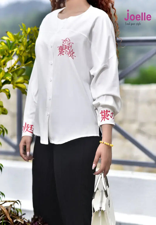 Stylish White Shirt with Red Japanese Text