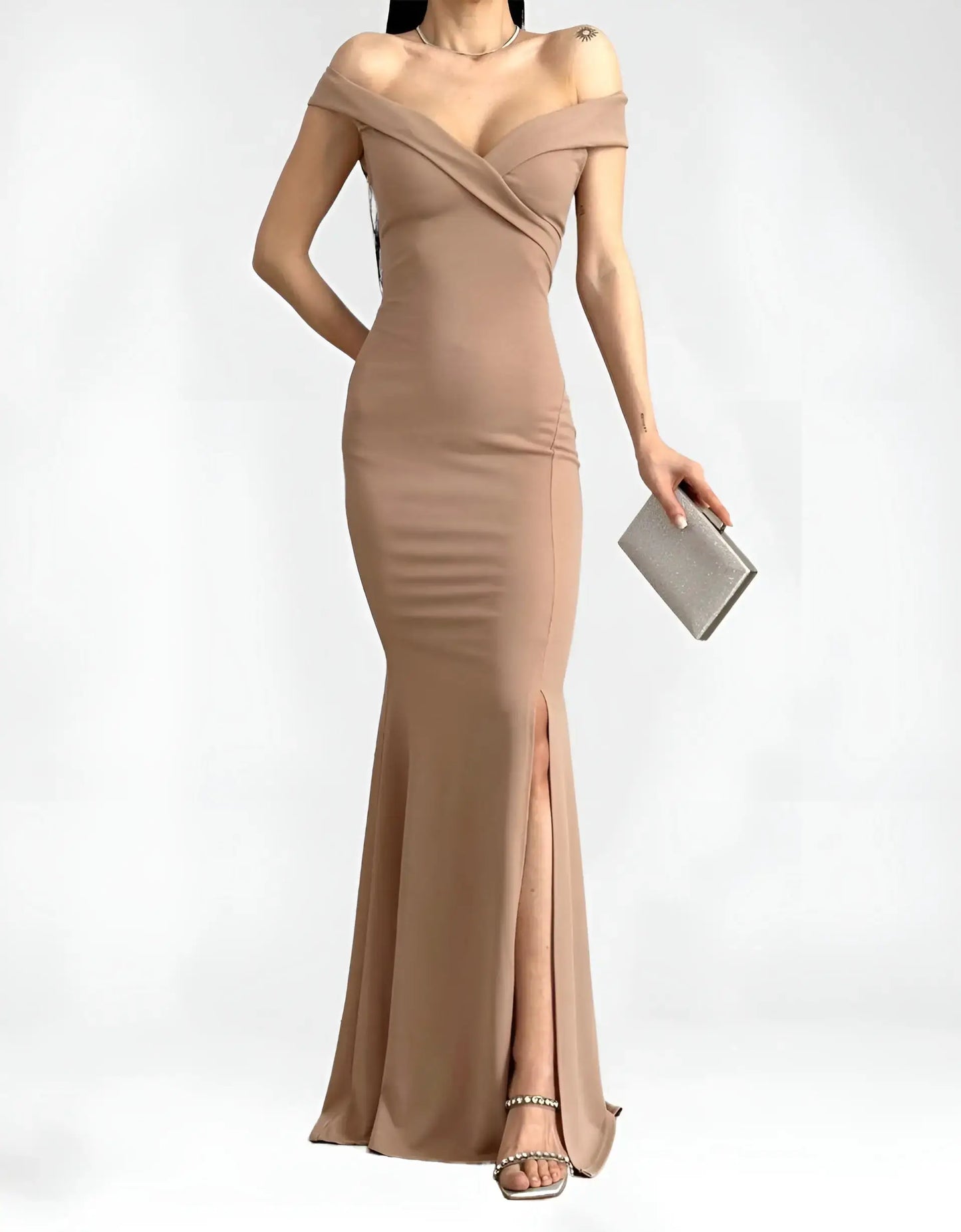 A very elegant and distinctive long dress with a slit from the bottom