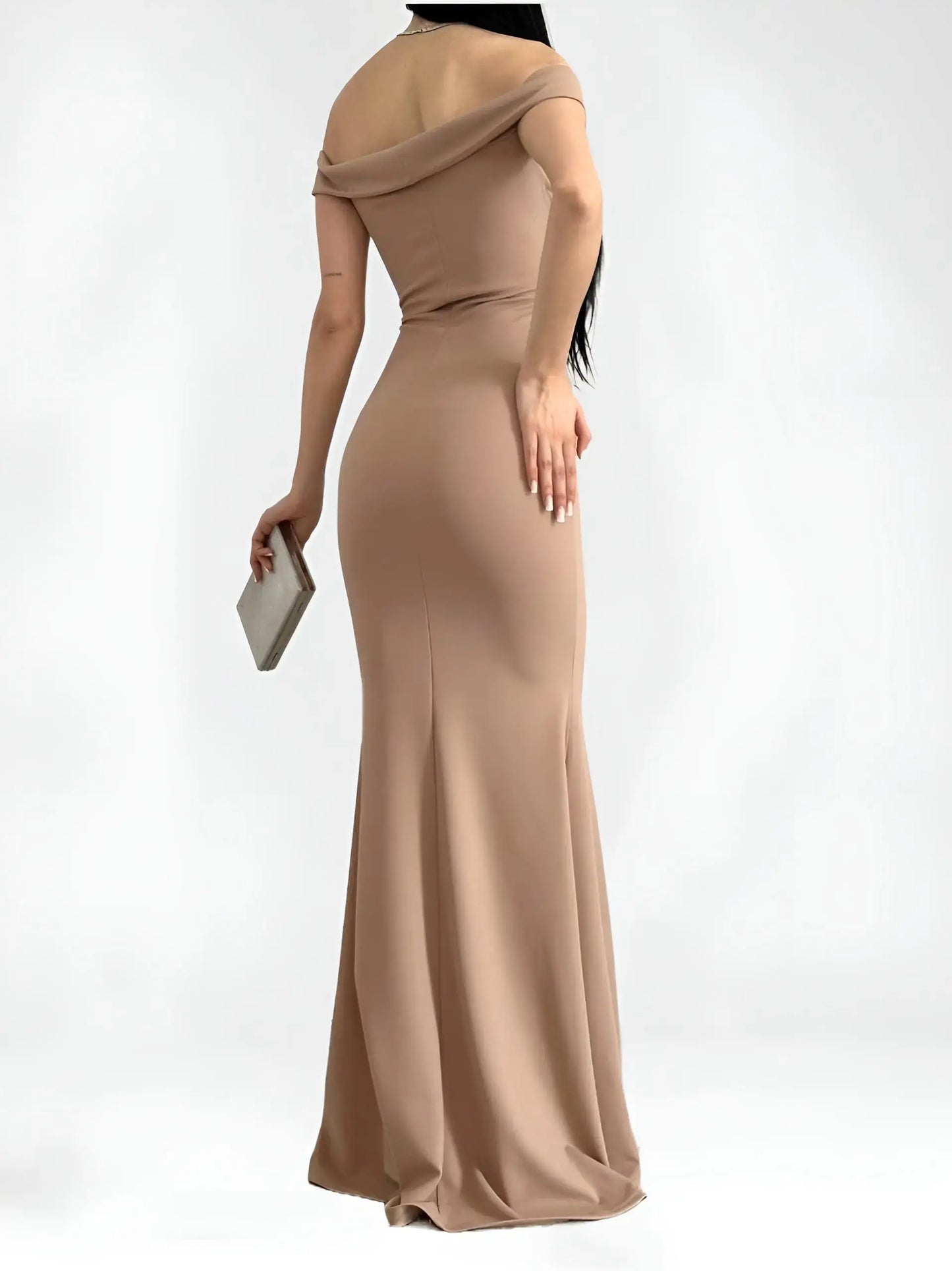 A very elegant and distinctive long dress with a slit from the bottom