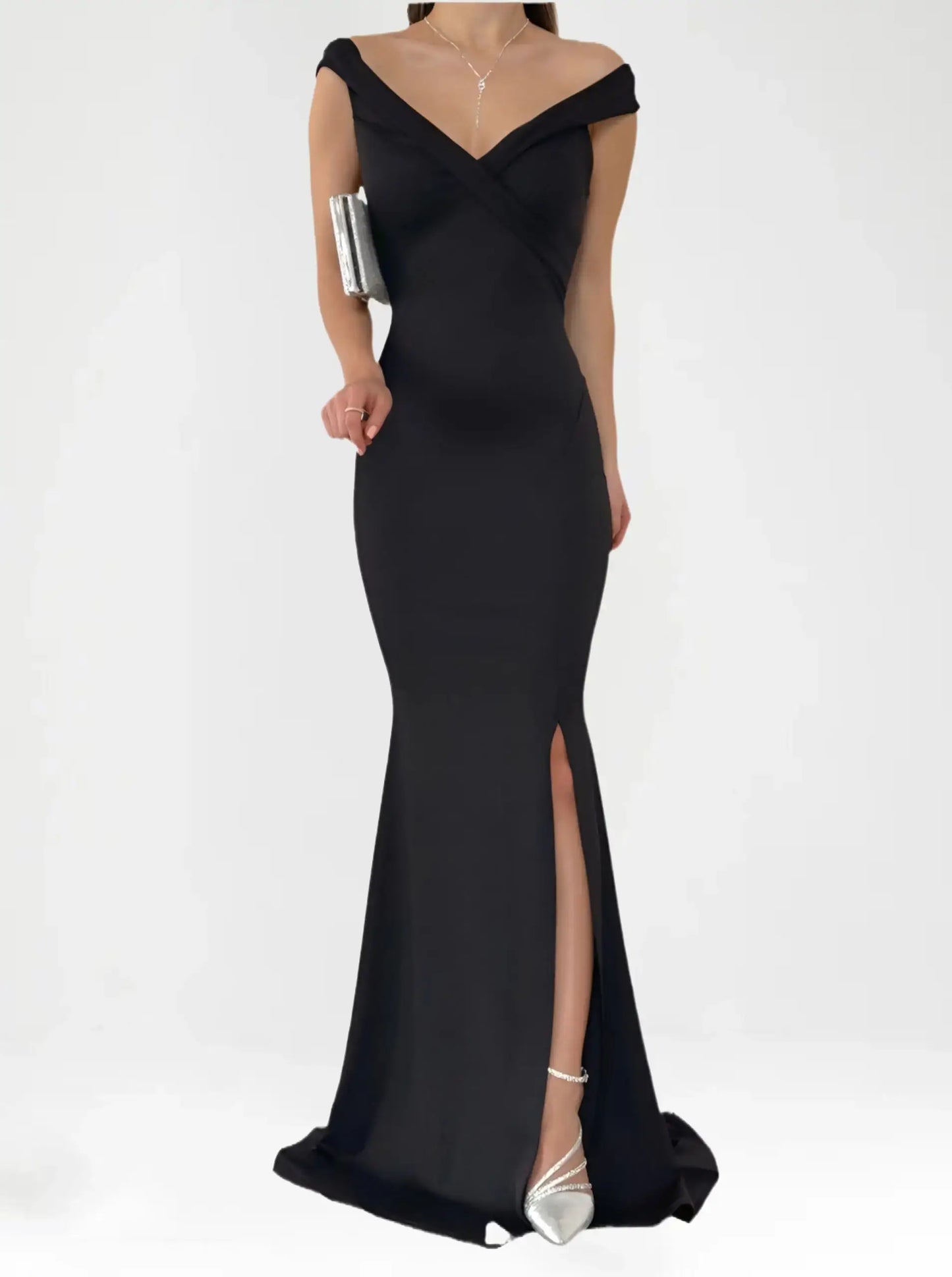 A very elegant and distinctive long dress with a slit from the bottom